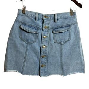 Mink Pink Denim Mini Skirt Button Front Mini Size Medium Light Wash Frayed Hem